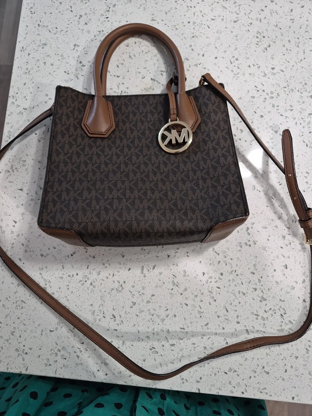 Michael Kors Brown Logo Crossbody Satchel with Tan Trim